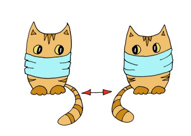 Koruyucu maskeli iki kızıl kedi sosyal mesafeyi gözlüyor, beyaz arka planda grafik renk çizimi. Yüksek kaliteli illüstrasyon
