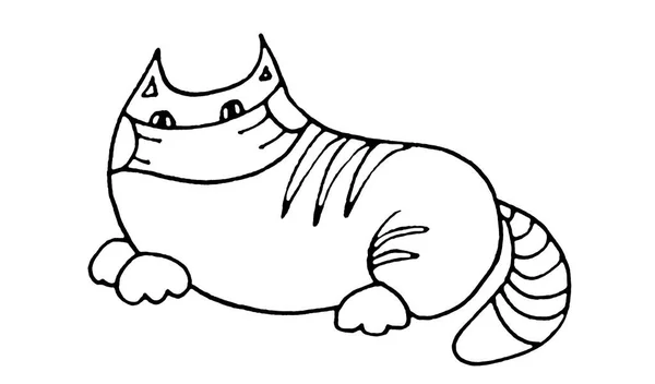 Tlustá Tabby Kočka Lékařské Masce Graficky Černobílá Kresba Bílém Pozadí — Stock fotografie
