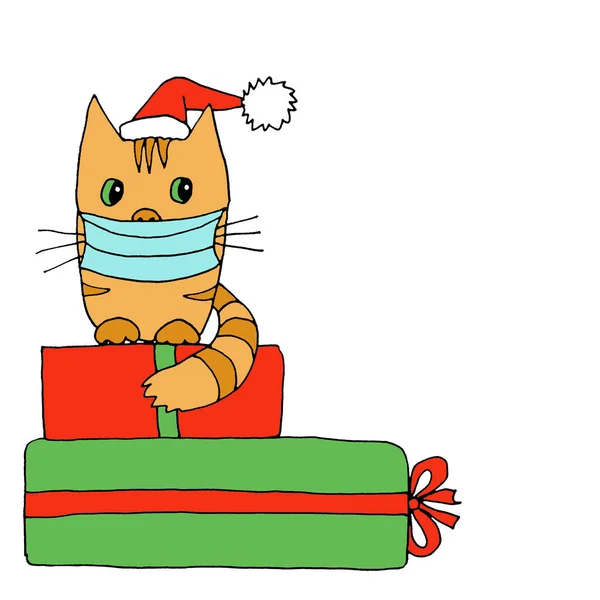 Ginger Tabby Katze Medizinischer Maske Und Weihnachtsmütze Sitzt Auf Schachteln — Stockfoto