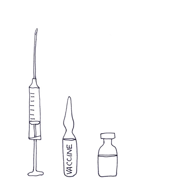 Jeringa Médica Ampolla Con Vacuna Dibujo Lineal Gráfico Blanco Negro —  Fotos de Stock
