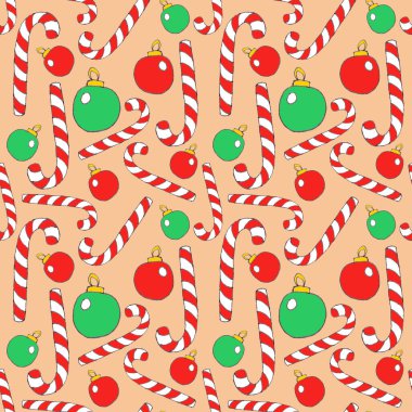 Şekerleme ve noel ağacı toplarıyla kusursuz desen, turuncu arka planda grafik çizim.