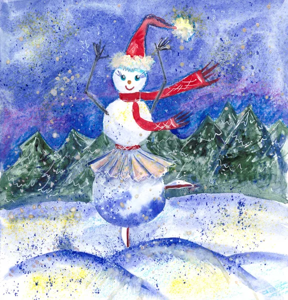 Chica bailarina muñeco de nieve en el fondo del bosque de invierno, acuarela dibujo —  Fotos de Stock