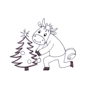 2021 'in sembolü olan Bull, Noel ağacını süslüyor, beyaz arka planda siyah-beyaz kareler çiziyor. Yüksek kaliteli illüstrasyon