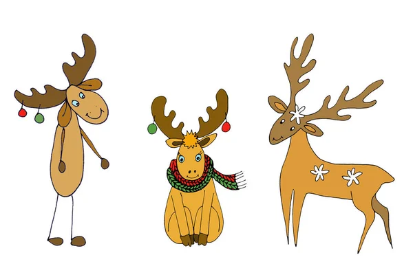 Set Three Christmas Deer Elk Graphic Color Sketch Isolated White — Foto Stock