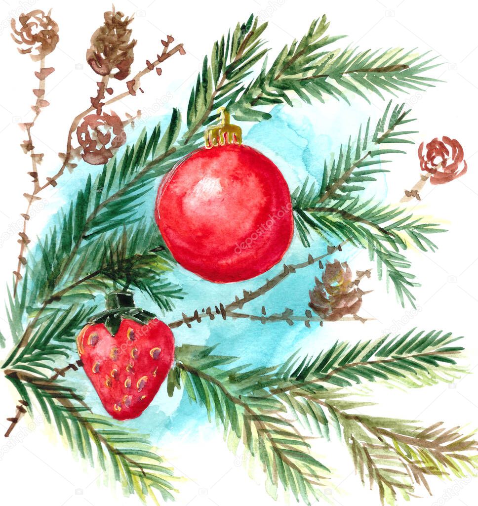 Red Christmas decorations on fir branches and larch cones, watercolor drawing on white background. High quality illustration