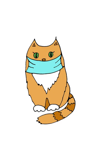 Ginger gatto tabby in una maschera medica, disegno a colori grafico — Foto Stock