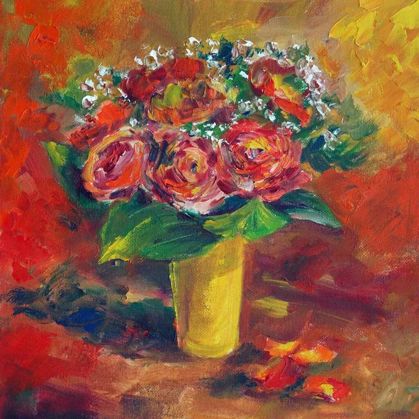 Ramo de rosas rojas en un jarrón amarillo, pintura al óleo —  Fotos de Stock