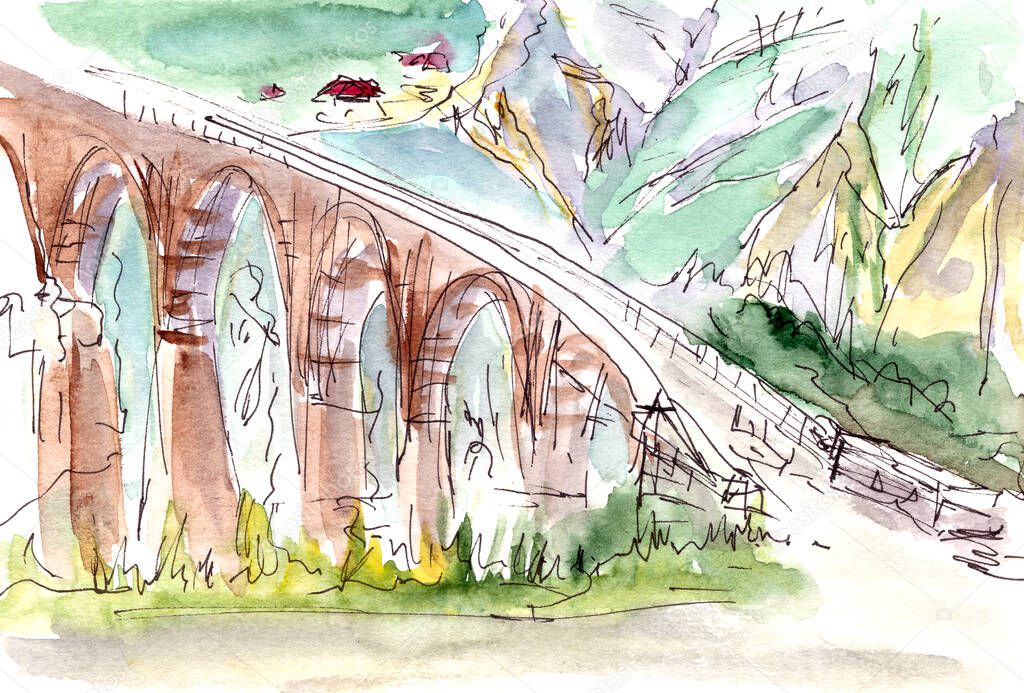 view of Djurdjevica bridge over the river Tara in Montenegro, Europe. Beautiful world of Mediterranean countries.Bridge over the gorge in Montenegro, watercolor travel sketch