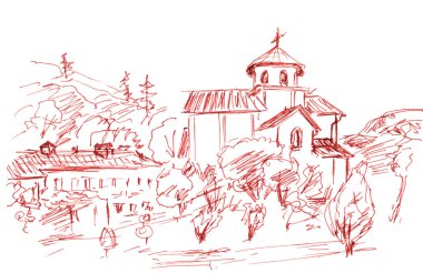 Karadağ 'ın Moraca manastırının tek renkli çizgisel çizimi, Akdeniz seyahat skeci. Yüksek kaliteli illüstrasyon