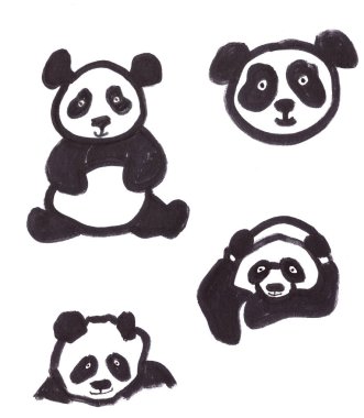 Çizilmiş pandalar, siyah beyaz çizimler. Yüksek kaliteli illüstrasyon