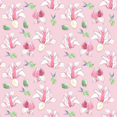 Pembe arka planda suluboya bahar manolyasıyla kusursuz desen. Yüksek kaliteli illüstrasyon