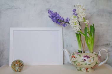 Işık arka planında sümbülleri olan bahar modeli. Yüksek kalite fotoğraf