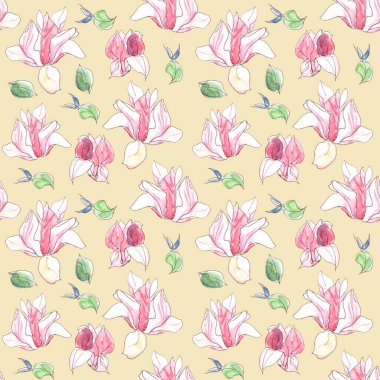 Sarı arka planda suluboya bahar manolya çiçekleri olan kusursuz bir desen. Yüksek kaliteli illüstrasyon