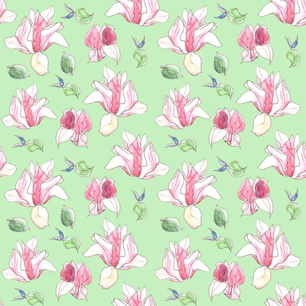 Patrón sin costuras con flores de magnolia de primavera de acuarela sobre fondo verde —  Fotos de Stock