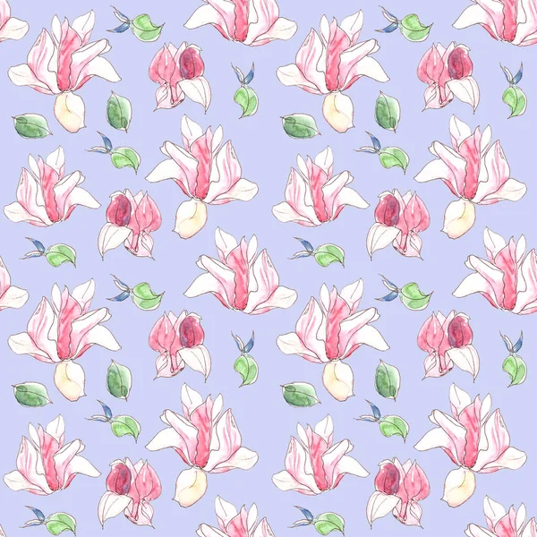 Seamless pattern with watercolor spring magnolia flowers on violet background — Stock Photo, Image