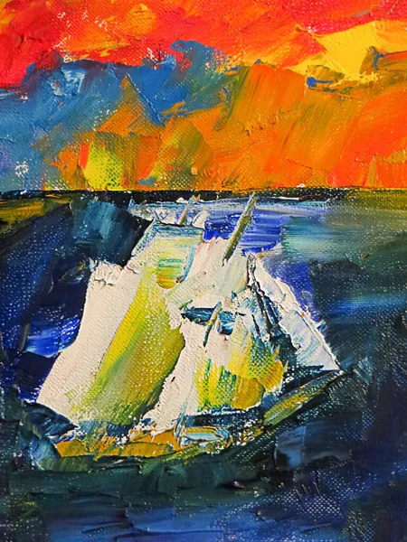 Barco de vela sobre fondo de atardecer, pintura al óleo — Foto de Stock
