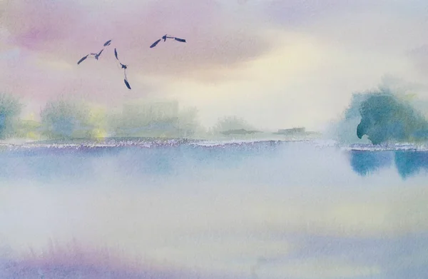 Акварель ніжний ранковий пейзаж з озером і чайками — стокове фото