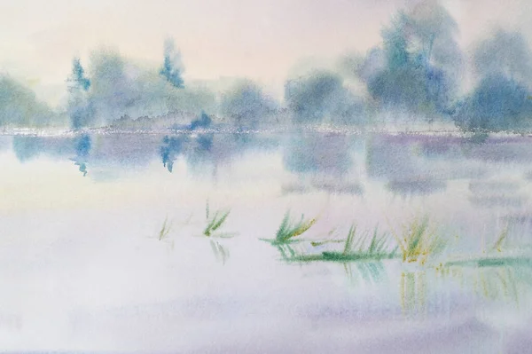 Aquarelle Doux Paysage Lac Matin Avec Des Reflets Illustration Haute — Photo