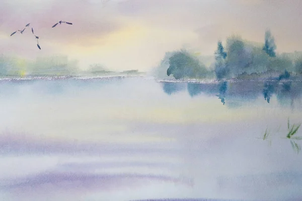 Aquarelle Doux Paysage Matinal Avec Lac Les Mouettes Illustration Haute — Photo