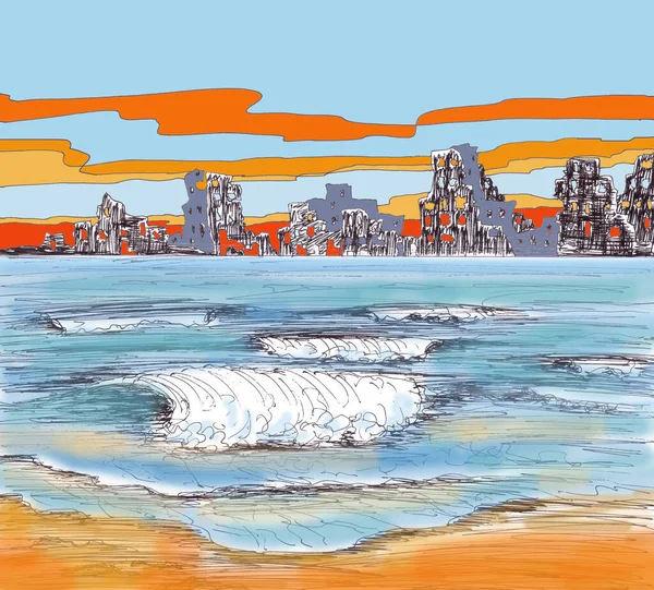 Sea and post-apocalyptic landscape, graphic color sketch Лицензионные Стоковые Изображения