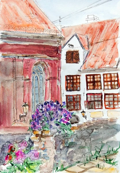 Watercolor travel to the old town of Riga Latvia, travel sketch — Stock Photo, Image