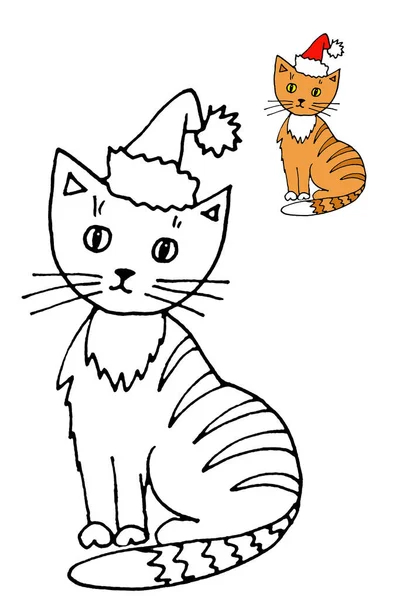 Cat in Santa cap coloring page on a white background with a color sample — Stockfoto