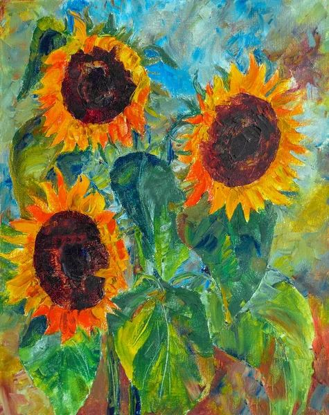 Sunflower Flowers Background Green Foliage Oil Painting High Quality Illustration Stock Photo