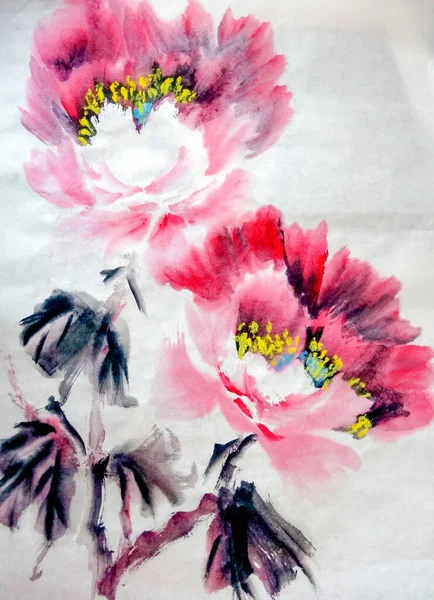 Peonías Florecientes Pintura China Sobre Papel Arroz Ilustración Alta Calidad — Foto de Stock