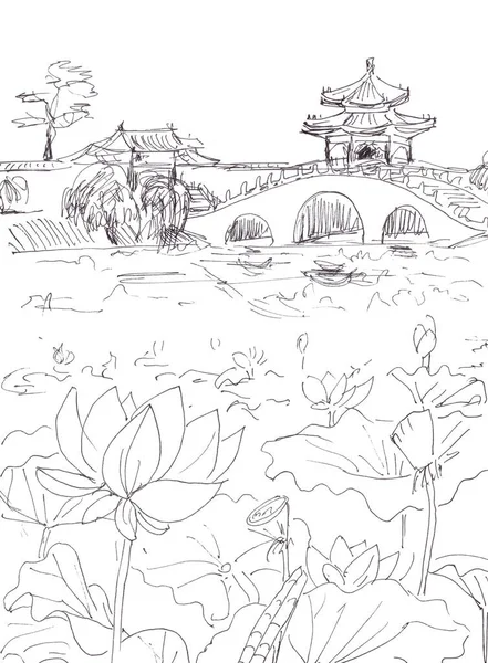Buddhistkloster och lotusdamm, linjär grafisk svartvit teckning, resa skiss Royaltyfria Stockfoton