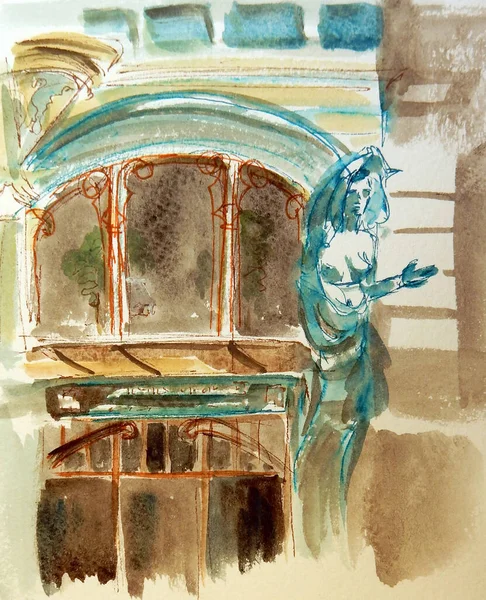 Fachada de uma casa Art Nouveau em Riga, Letônia, esboço de viagem de aquarela — Fotografia de Stock