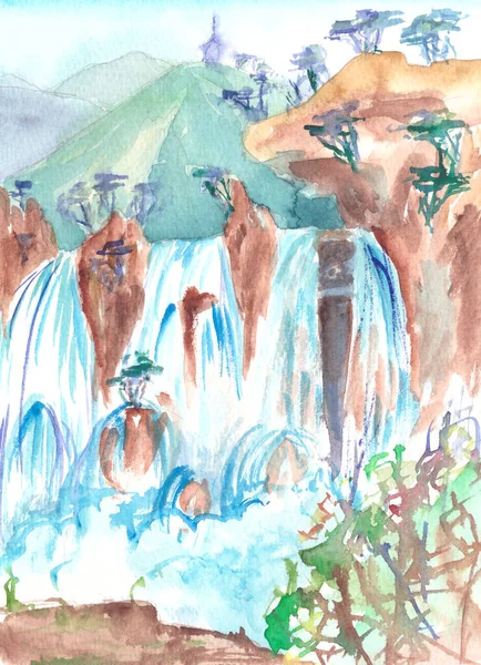Акварель Рисует Горный Пейзаж Большим Водопадом Высокое Качество Иллюстрации — стоковое фото