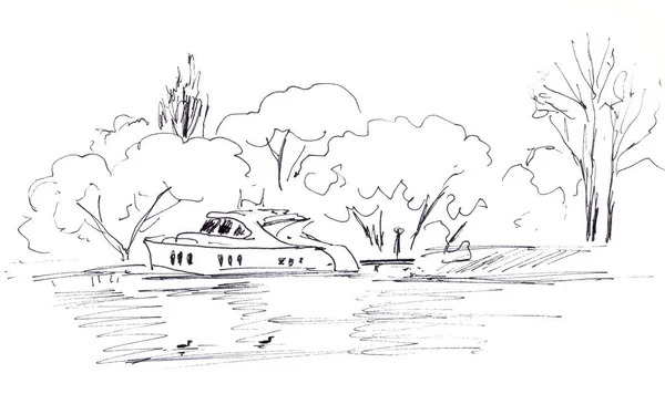 Σκάφος Κοντά Στην Ακτή Γραφικό Γραμμικό Ασπρόμαυρο Σχέδιο Ταξιδιωτικό Σκίτσο — Φωτογραφία Αρχείου