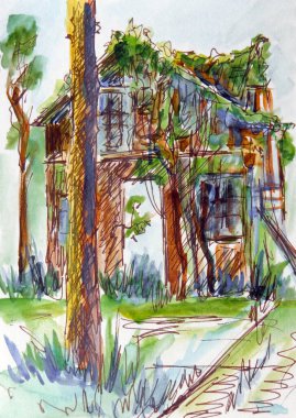 Eski bir evin suluboya çizimi. Sarmaşık, seyahat çizimi, Letonya. Yüksek kaliteli illüstrasyon