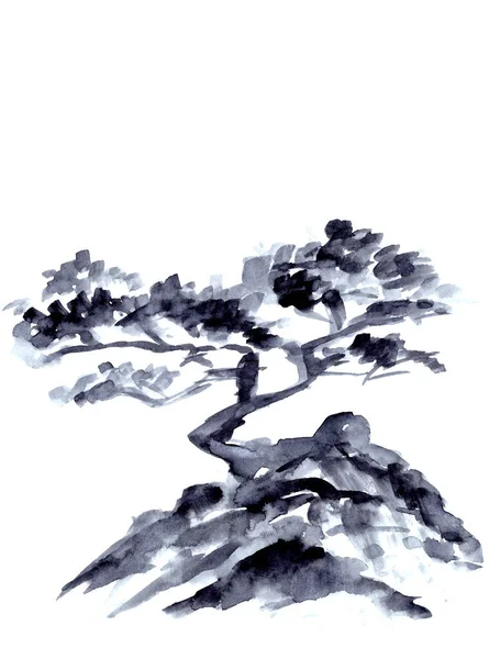 Pohon cemara di batu monokrom gambar tinta gaya Cina hitam dan putih Stok Foto