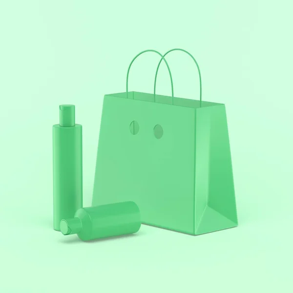 Öko Tasche Mit Shampoo Röhren Einfaches Symbol Abbildung Auf Grünem — Stockfoto