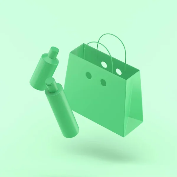 3d eco bag con tubos de champú icono simple ilustración 3d sobre fondo abstracto pastel verde. concepto mínimo. renderizado 3d —  Fotos de Stock