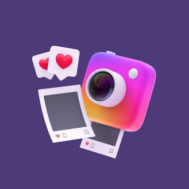 Beyaz mercekli 3D gökkuşağı fotoğraf makinesi. resim ve beğeniler pastel arkaplanda.