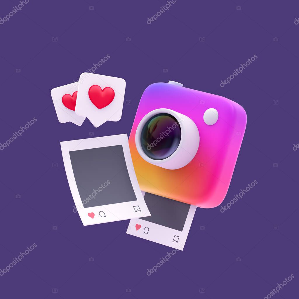 3d simple rainbow snapshot camera with white lens. pictures and likes on pastel background. Isolated hight quality 3d illustration.