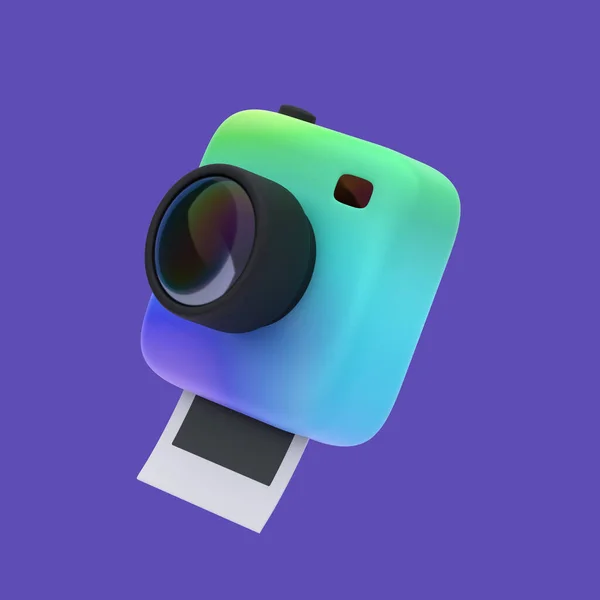 3d câmera instantânea arco-íris simples com lente no fundo pastel com sombra clara. Isolado alta qualidade 3d ilustração. — Fotografia de Stock