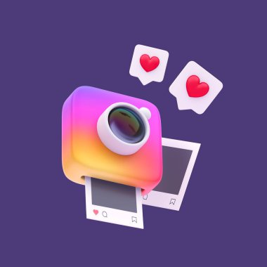 Beyaz mercekli 3D gökkuşağı fotoğraf makinesi. resim ve beğeniler pastel arkaplanda.