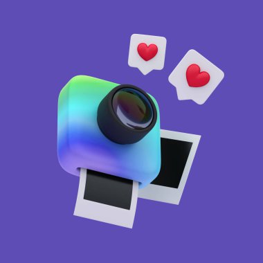 Beyaz mercekli 3D gökkuşağı fotoğraf makinesi. resim ve beğeniler pastel arkaplanda.
