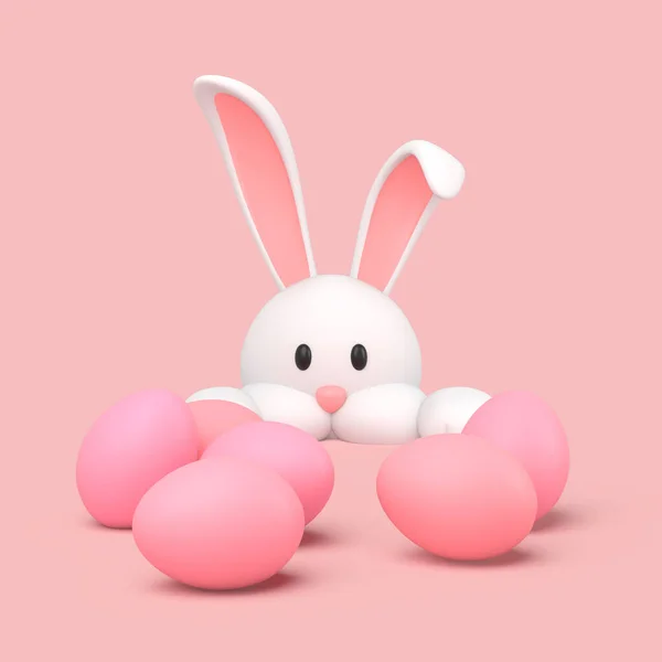 3D-s egyszerű húsvéti nyuszi bujkál és kémek rózsaszín festett tojás rózsaszín pasztell háttér 3d illusztráció. Húsvéti szünet. — Stock Fotó
