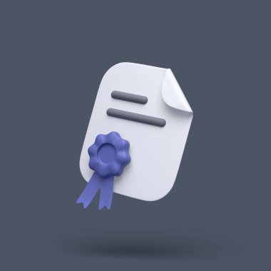 3D basit sertifika ya da mavi damgalı ve gri pastel arka planda eğilmiş bir diploma simgesi. Yükseklik kalitesi 3d illüstrasyon veya canlandırma.