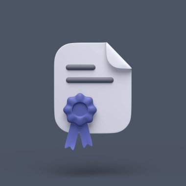 3D basit sertifika ya da mavi damgalı ve gri pastel arka planda eğilmiş bir diploma simgesi. Yükseklik kalitesi 3d illüstrasyon veya canlandırma.