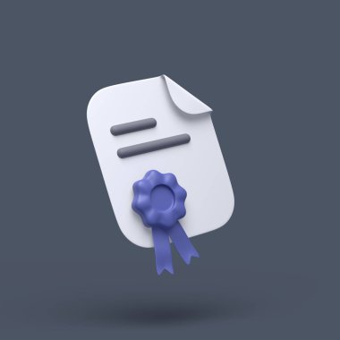 3D basit sertifika ya da mavi damgalı ve gri pastel arka planda eğilmiş bir diploma simgesi. Yükseklik kalitesi 3d illüstrasyon veya canlandırma.