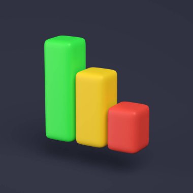 Renkli dikdörtgenleri olan basit grafik simgesi. Pastel arka planda 3D çizim. Yükseklik kalitesi 3d yorumlaması en düşük konsept.