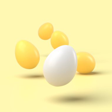 3D sade sarı paskalya yumurtaları ve pastel arka planda bir beyaz yumurta 3D resim. 3D Paskalya Tatili.