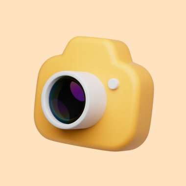 Pastel turuncu arka planda objektifli 3D basit kamera. İzole edilmiş yüksek kalite 3D çizim. 3d rengarenk simge oluştur.