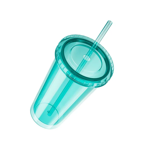 Plastic Cup Straw Front View White Background Transparent Green Material — Stock Photo, Image