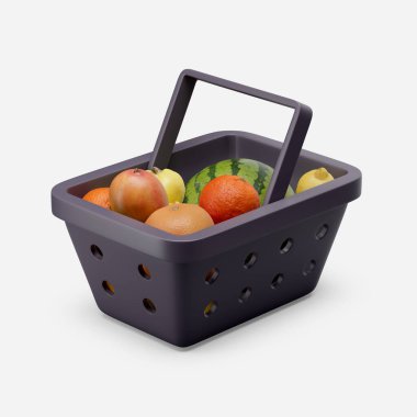 Taze meyve sepeti. Beyaz arka planda basit 3D çizim. Minimum konsept. Yumuşak gölgeli izole nesne.